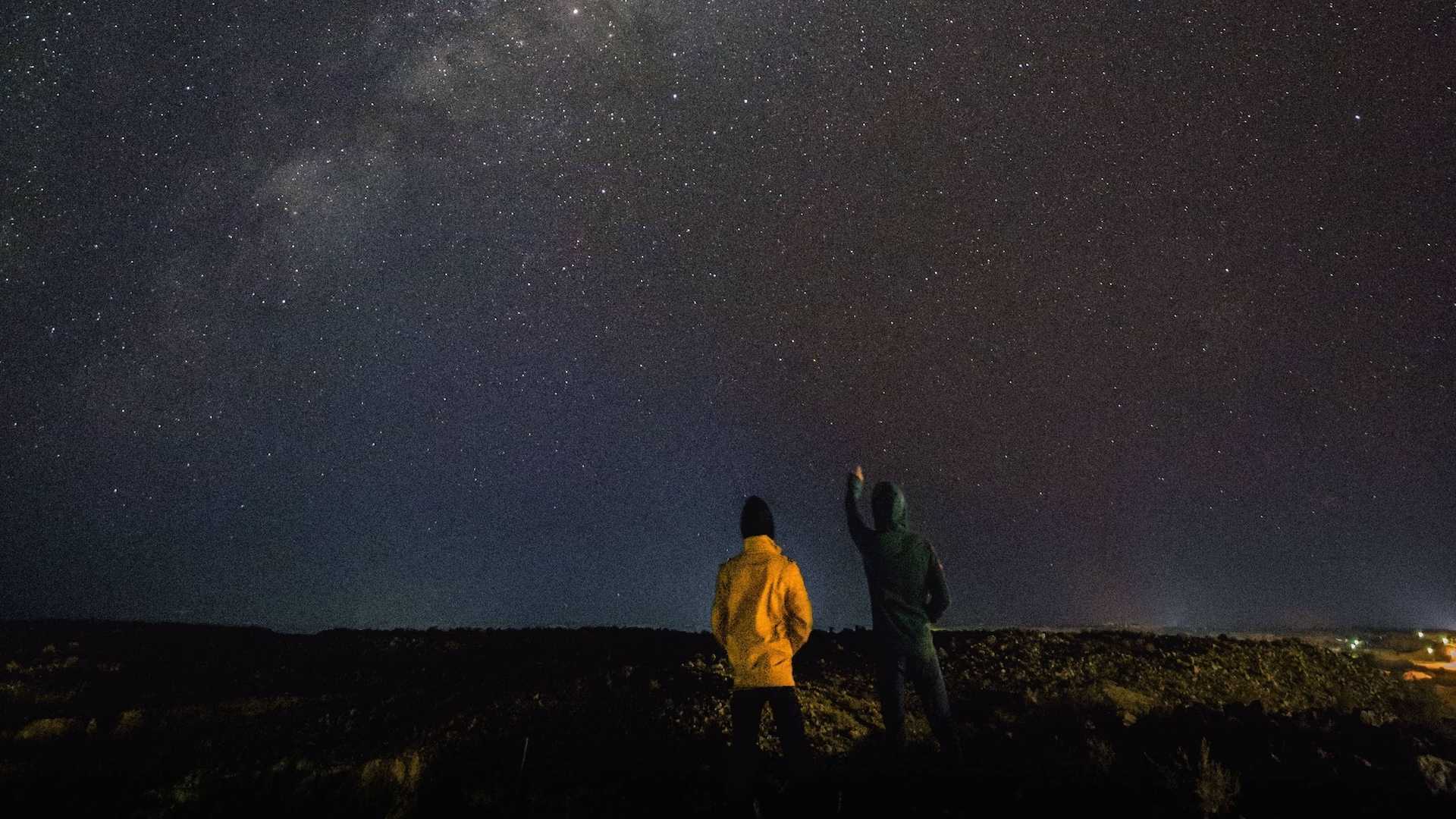 Two people staring and pointing at the night sky full of stars