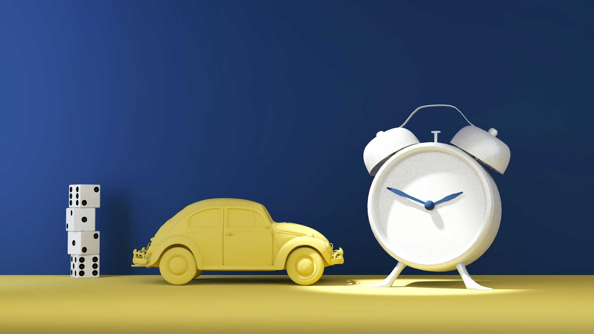 A toy car, alarm clock and some game dice